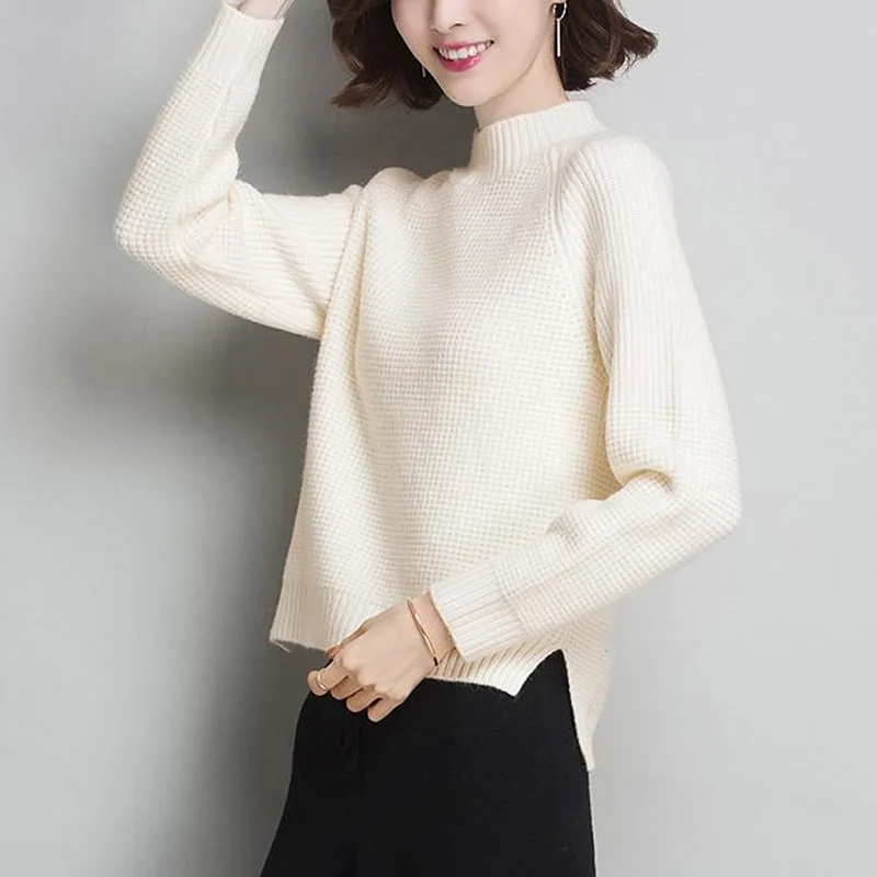 Women Autumn Winter Solid Color Plush and Thicken Sweaters New High-quality Long Sleeve Mock Neck Split Fork Knitting Bottoming