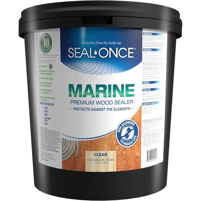 Marine Premium Wood Sealer - Waterproof Sealant - Wood Stain and Sealer in One - 5 Gallon & Clear