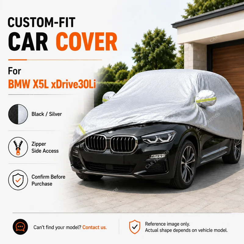 For BMW X5L xDrive30Li Custom Fit Full Car Cover Silver-Coated Oxford Fabric Side Zipper Access UV Protection Outdoor Parking