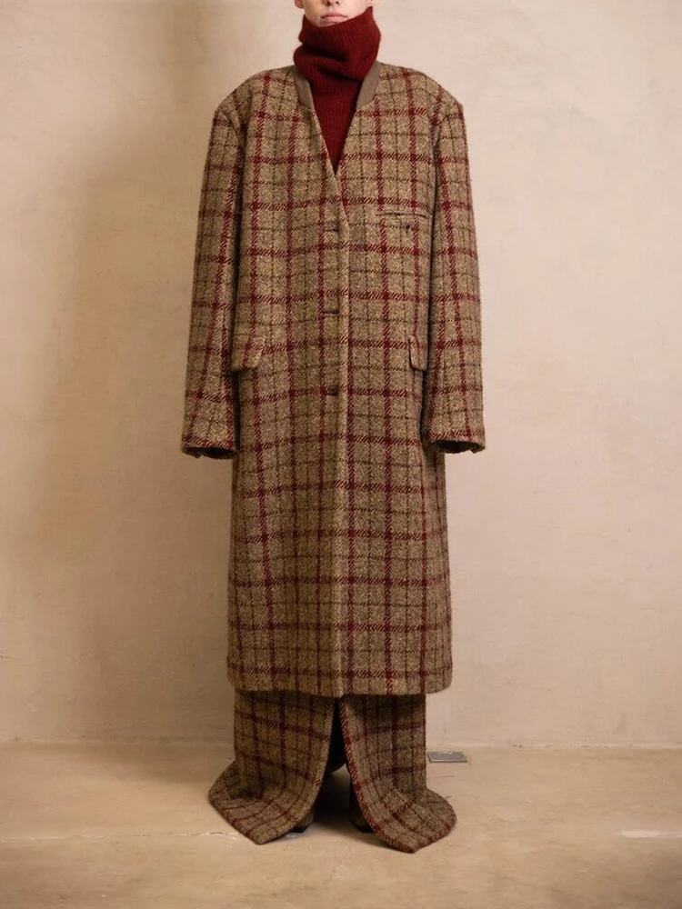 Vintage wool blend long trench coat fashionable red plaid shoulder pads long-sleeved women's coat 2024 winter new