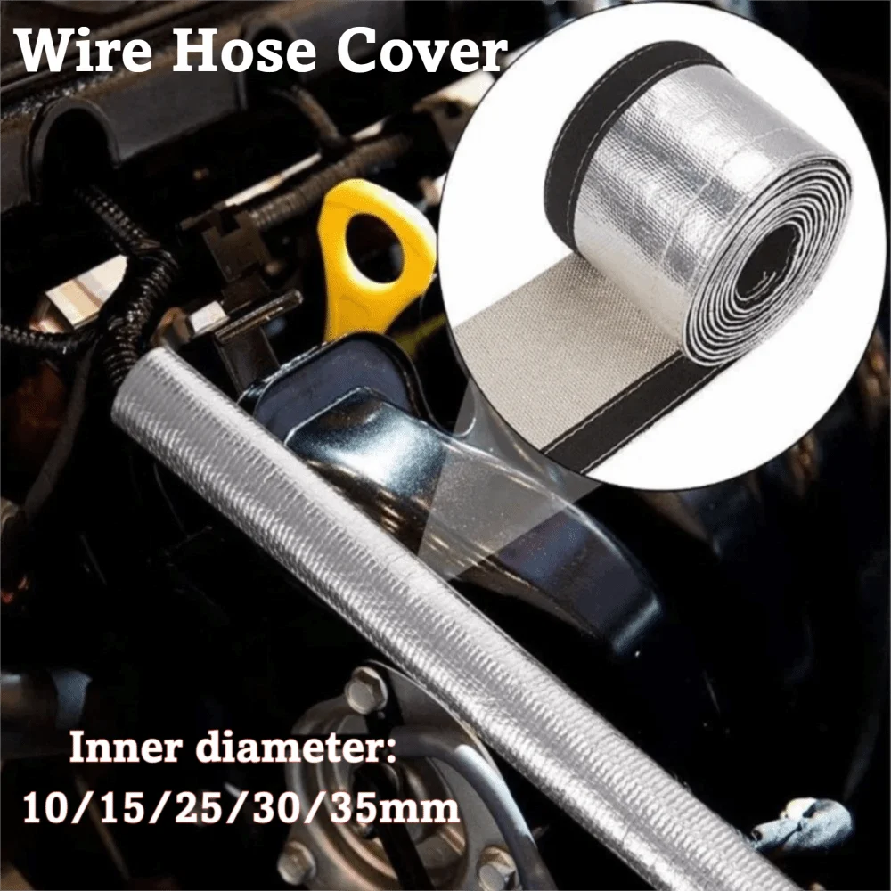 1M Length Wire Hose Cover Aluminum Foil Fiberglass Insulated Thermal Insulated Wrap 10/15/20/25/30/35mm Diameter Durable