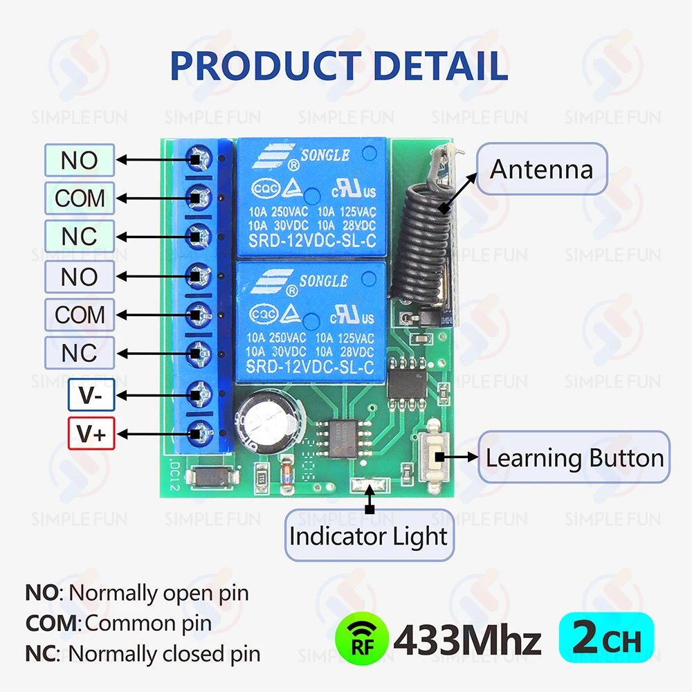 433 MHz Universal Wireless Fernbedienung Schalter DC 12 V 2 CH Motor Licht Relais Schalter 50 m Reichweite, für Licht/Tor/Motor/DIY – Detail 7