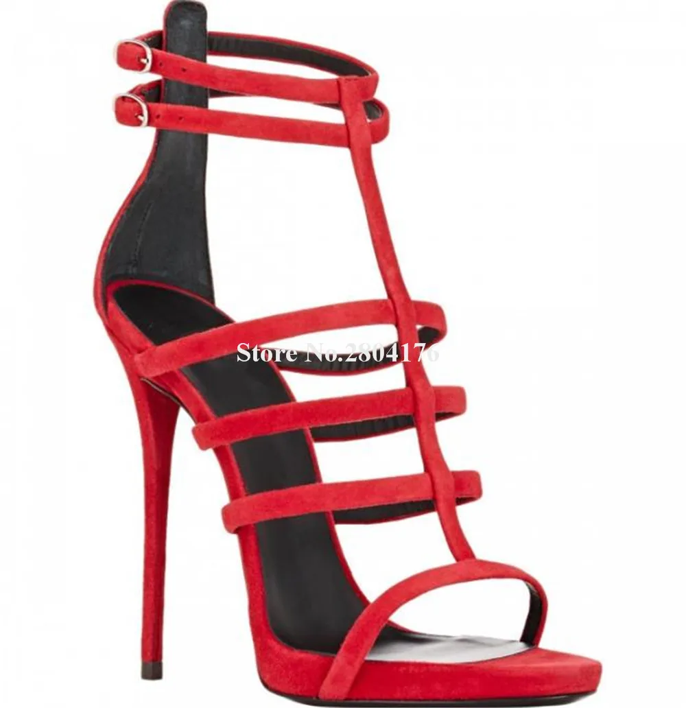 

Charming Red Suede Thin Straps Stiletto Heel Gladiator Sandals Open Toe T-straps Thin Heel Dress Shoes Wedding Heels