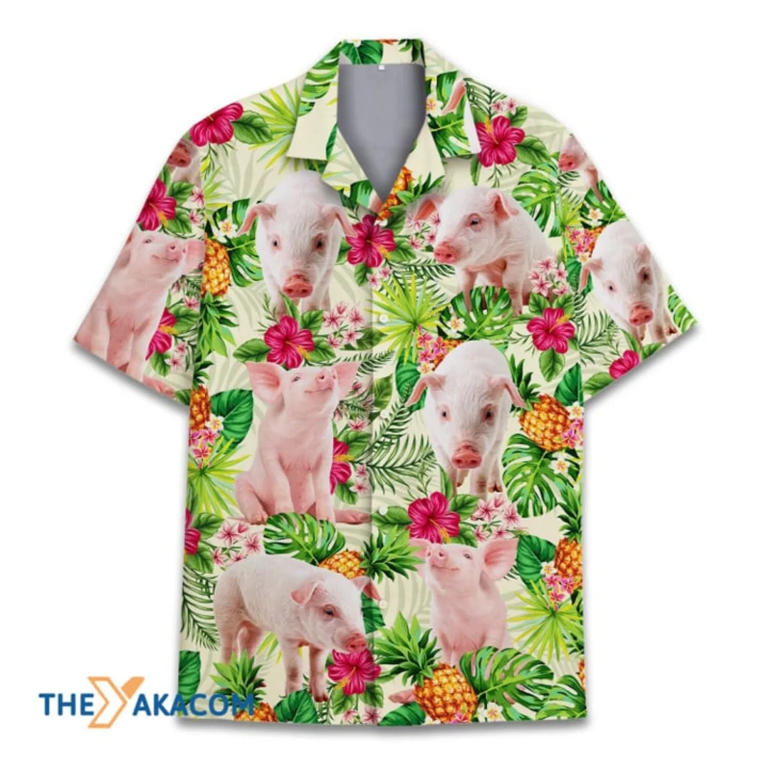 Pink Pig Family On Tropical Pineapple Garden Hawaii Men Hawaiian Shirt