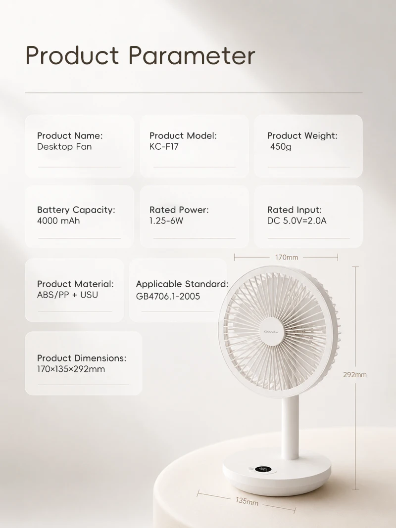 BLDC Oscillating Desktop Fan 4000mAh 5 Wind Speeds Silent Portable Rechargeable Fan with Timing Function for Home Room Gift
