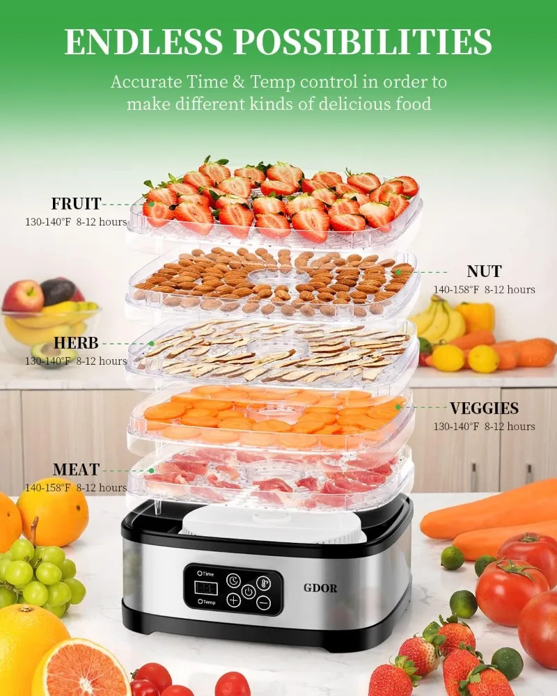 Food Dehydrator Includes Mesh Screen, Fruits Roll Sheet, Recipes, GDOR 5 Trays Dehydrator Machine with Temp Control