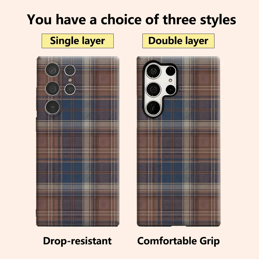 brown blue plaid Luxury Fashion Full Lens Protective Case for Samsung Galaxy S26 S25 S24 A56 A36 Plus Ultra