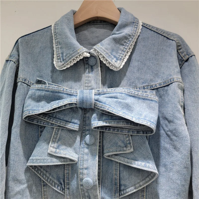 2025 Autumn Winter New Design Sense Bow Collar Lace Frayed Blue Denim Jacket Women's Jean Jacket Trendy Fashion Female Coat
