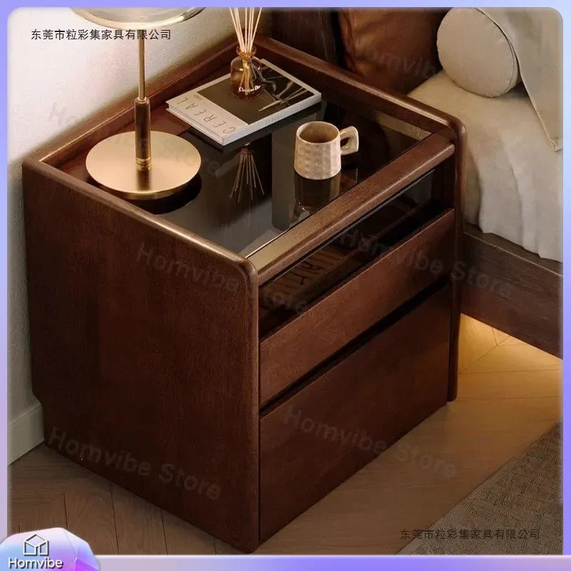 Smart Bedside Table Solid Wood Walnut Glass Top Modern Nightstand with Wireless Charging USB Ports LED Light Small Storage