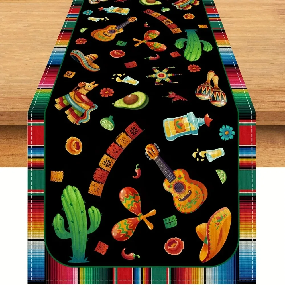 Day of The Dead Linen Table Runners Mexican Fiesta Cactus Pinata Sombrero Taco Themed Holiday Party Kitchen Decor