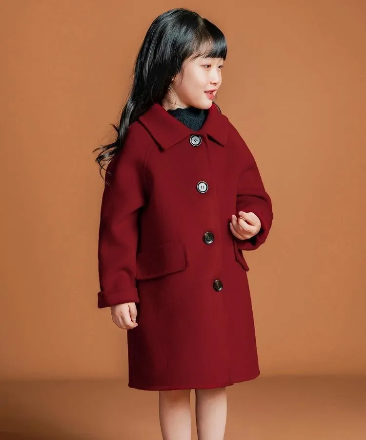 New Fashion Girls Double Sided Woolen Coat Autumn Winter Kids Red Princess Style Long Overcoat Big Girls Children Clothing