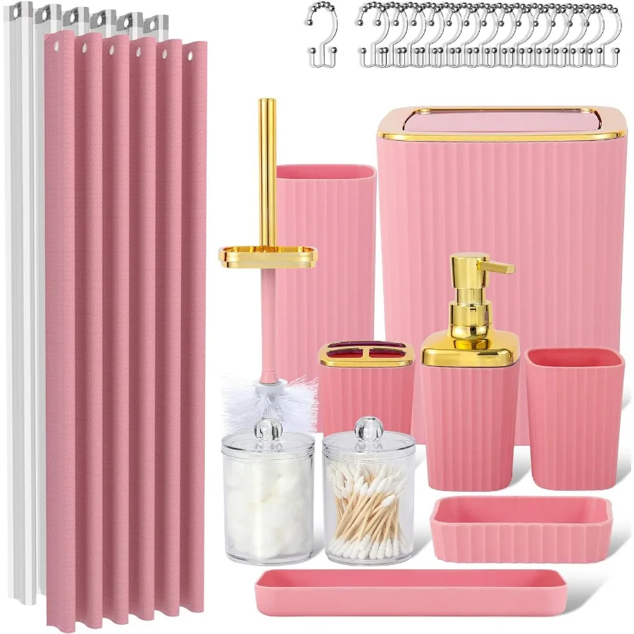 

Набор аксессуаров для ванной комнаты из 23 предметов: розовые аксессуары для ванной, белые шторки для душа, дозаторы для мыла, стаканы, поднос для мыла.