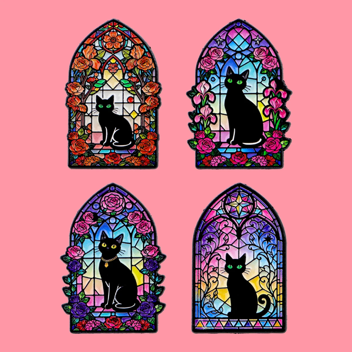 Buntglas-Fenster, schwarze Katze, Emaille-Anstecknadeln, Tiere, Brosche, Anstecknadel, Abzeichen auf Rucksack, Kleidung, Accessoires, Modeschmuck, Geschenke