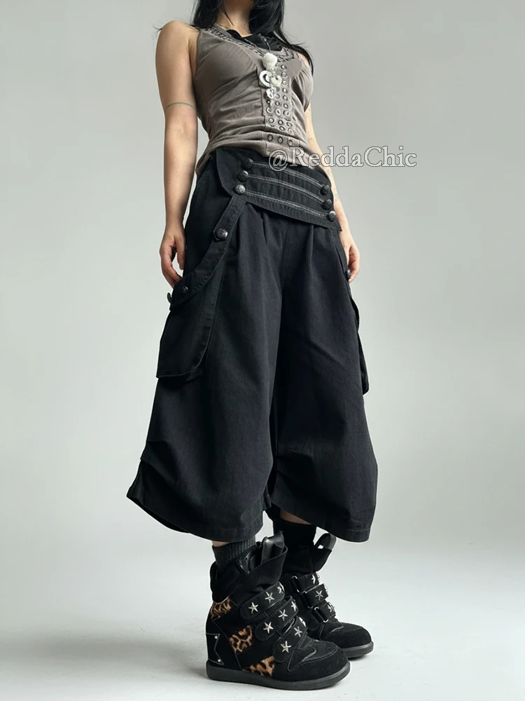 REDDACHiC Goth Royal Women Capri Cargo Pants Vintage Button Low Waist Pleated Baggy Bermuda Shorts Alternative Summer Clothes