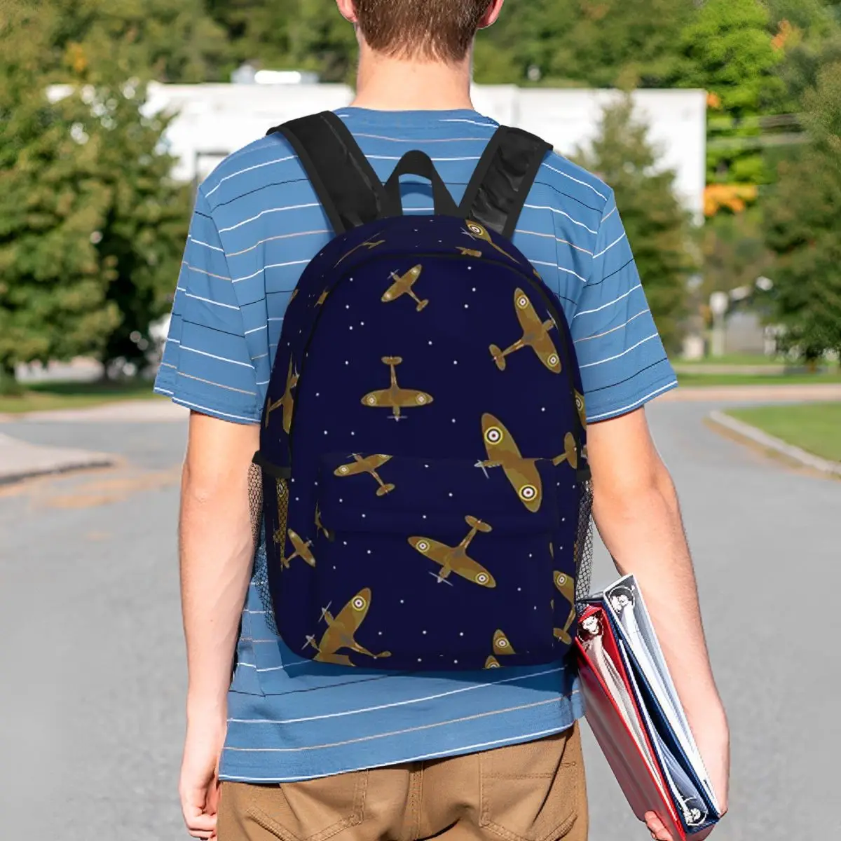Spitfire War Planes In Flight On Navy Blue Backpack Student BookBag Boys Girls School Bag Computer Shoulder Bags