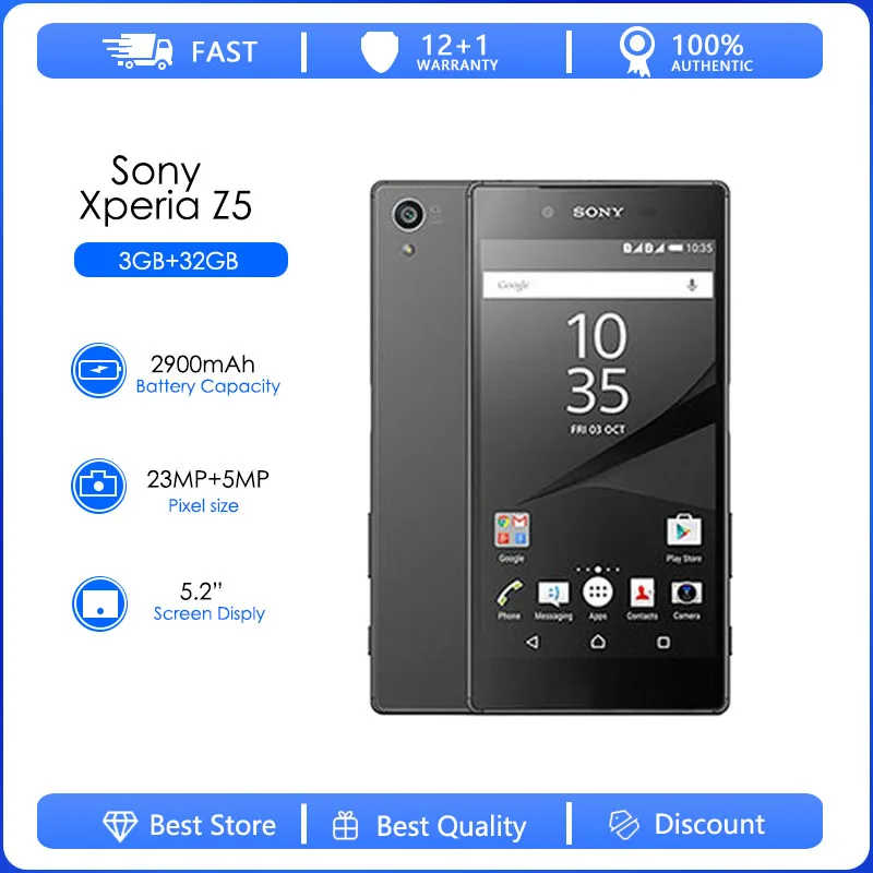 Sony-Smartphone Xperia Z5 E6653 Reconditionné et Original, Téléphone Portable Débloqué, 32 Go, 3 Go de RAM, 1014G Permanence, Android, Octa-Core, 5.2 Pouces, 23MP, 2160p