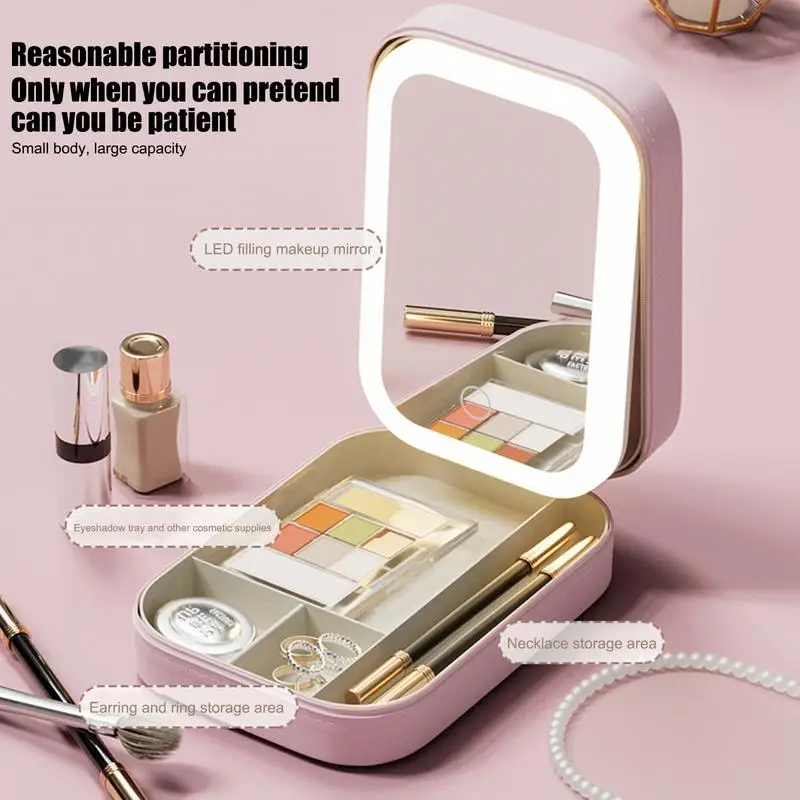 Makeup Mirror With Led Light Portable Travel Cosmetics Storage Box Organizer With Foldable Mirror Gift