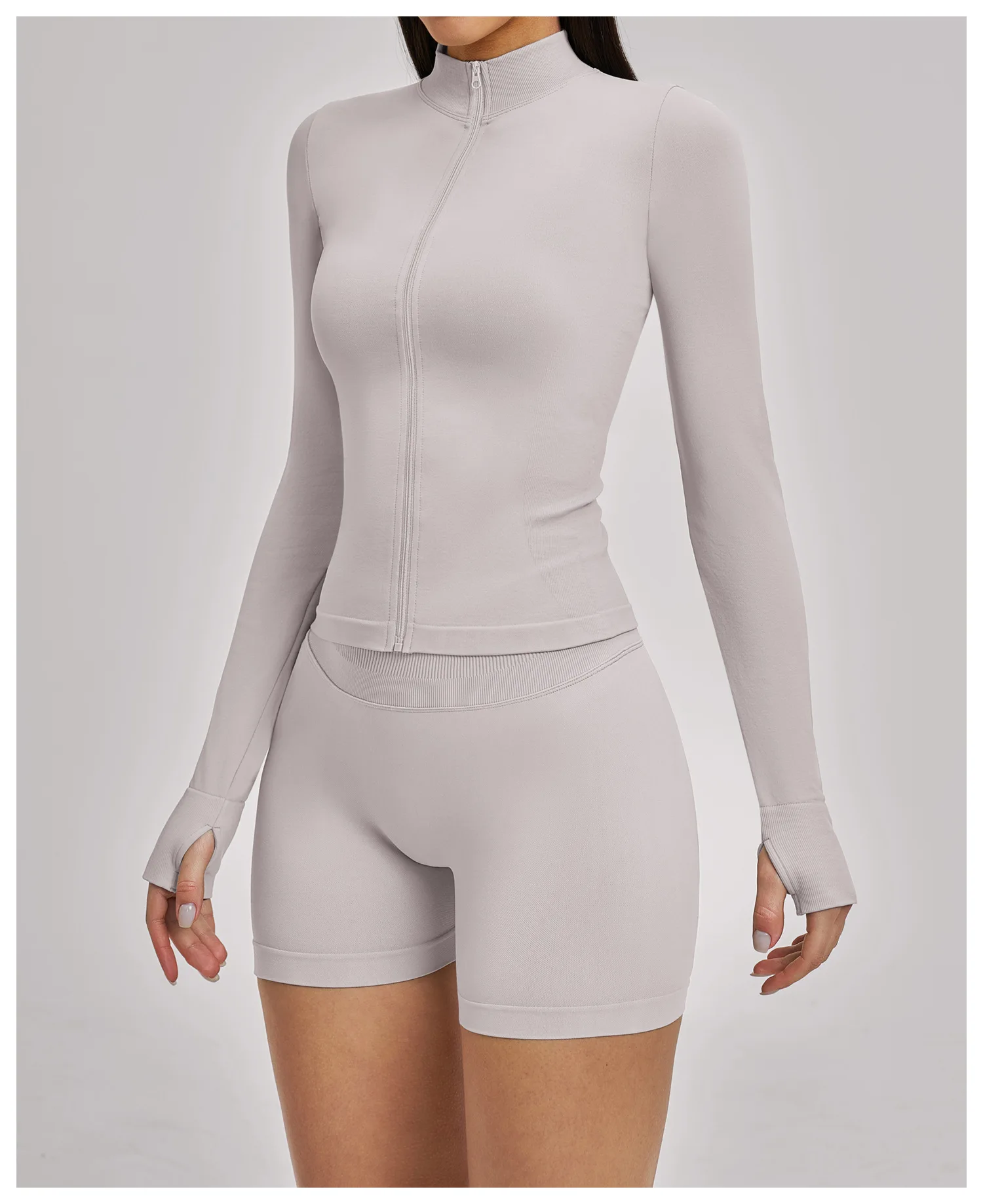 Women's Seamless Long Sleeve Yoga Top Ribbed High Neck Full Zip Slim Fit Sports Jacket Thumb Hole Workout Gym Running Activewear