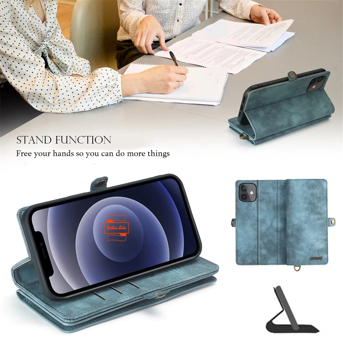 Yidai-Silu PU Leather Flip Case Wallet Magnetic Closure Pockets Wrist Strap Card Holder Stand Folio Cover for iPhone 14 Pro Max