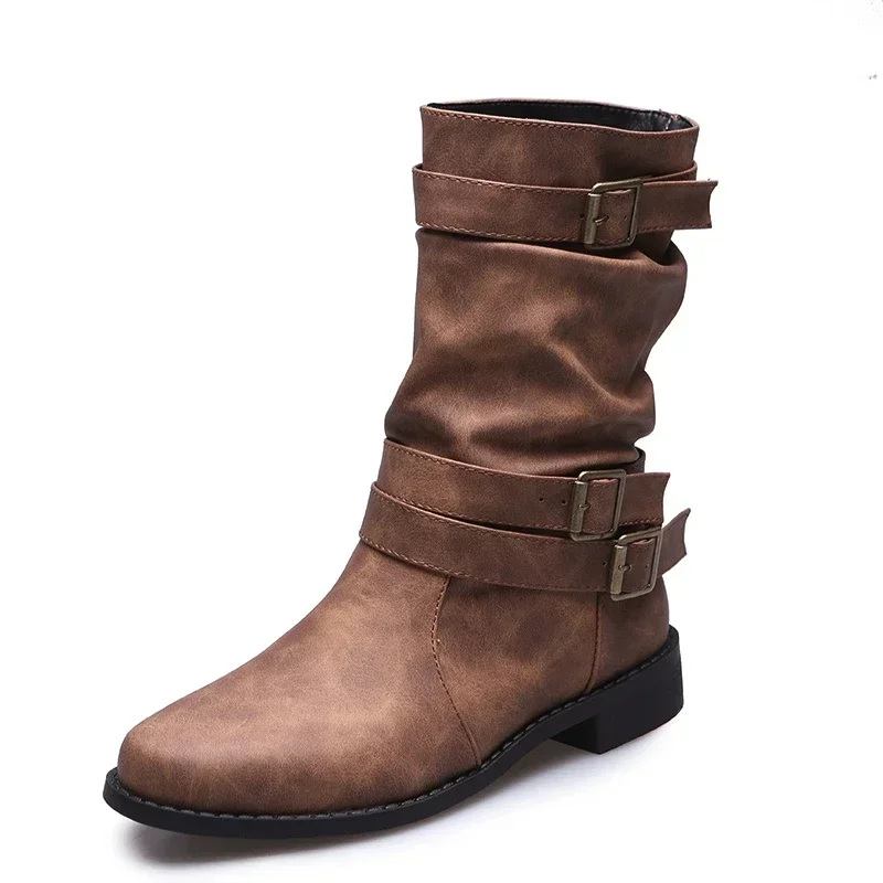 

Autumn Winter Ladies Short Boots Belt Buckle Decorated Cowboy Boots Wedge Heel Thick Sole Non-Slip Outdoor Boots Travel