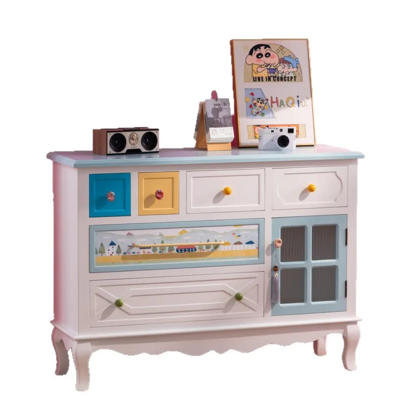 

Dopamine bucket cabinet Color contrasting color Side cabinet Solid wood painted bucket cabinet Bedroom room locker