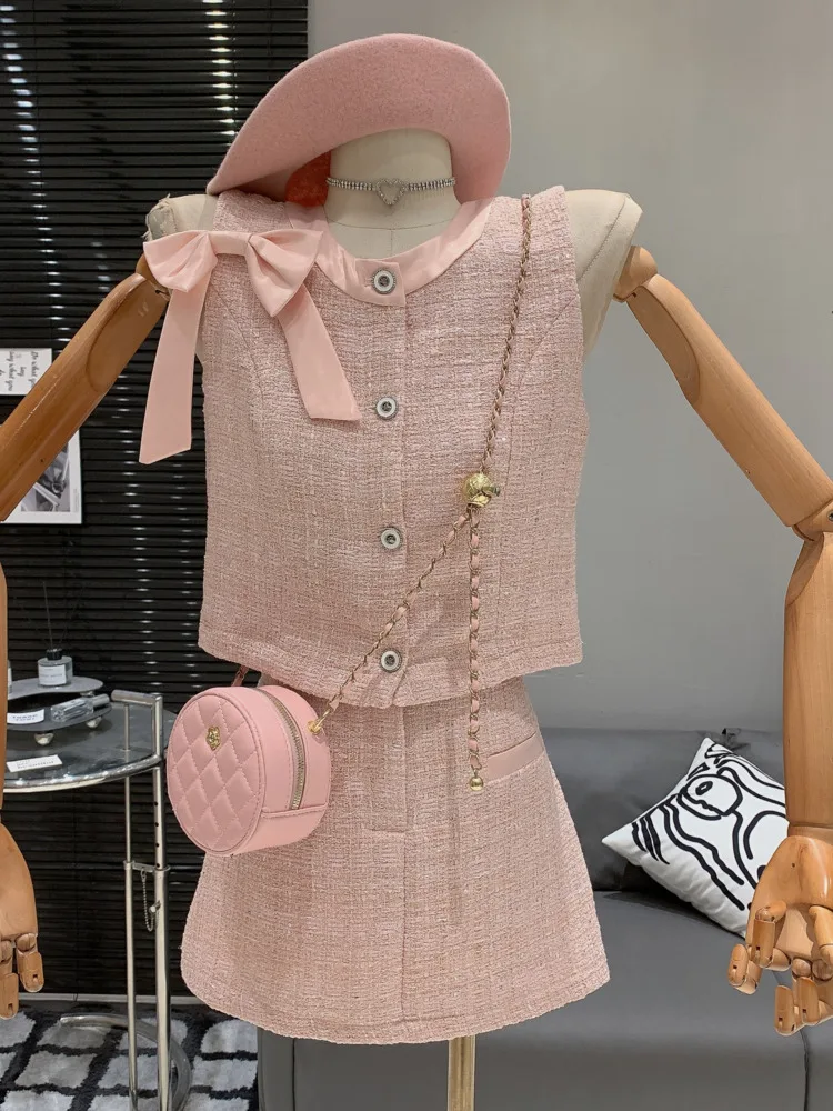 

New Korean Casual Women Suits Bows Bandge Button Tweed Vest High Waist A-line Skirt Set 2024 Summer Trendy Fashion Female