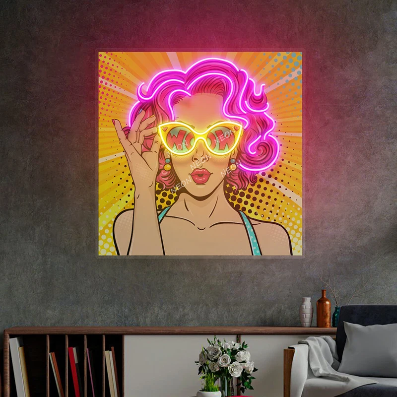 Imagem -03 - Mulheres Face Led Neon Signs Wow Lady Pop Art Sinais de Quarto Sala de Estar Decor Arte Acrílica Home Wall Art Luzes Led