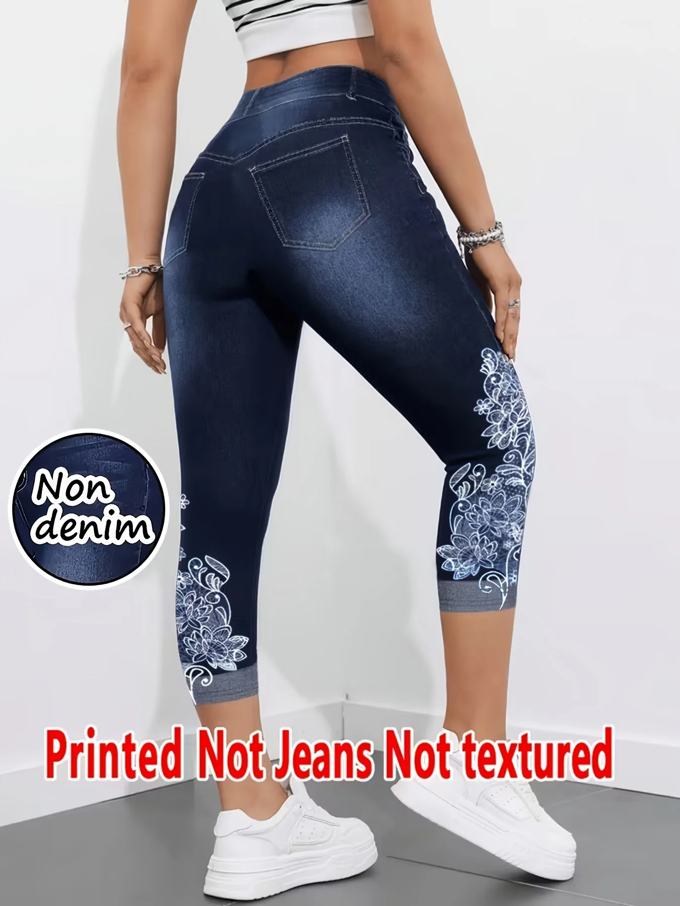 Printed Leggings, Not Denim Fabric, Fake Pocket & Button Print Capri Pants, High‑Stretch New Fashion Skinny Pants