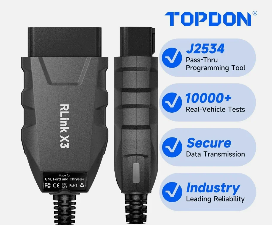 TOPDON Rlink X3 OBD2 Adapter J2534 Interface ​2-in-1 USB Port for Ford/GM/Chrysler Programmer Diagnostic Tool