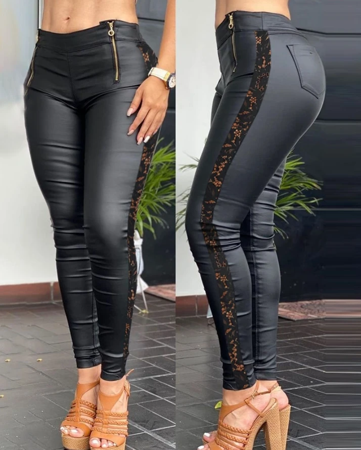 Frauen Hosen 2022 Herbst Mode Häkeln Spitze Patch Zipper Design PU Leder Hohe Taille Dünne Lange Hosen Weibliche