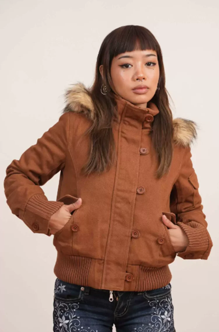 

Vintage Brown Short Hooded Jacket Women's Full Sleeve Slim Detachable Fur Collar NEW Winter Autumn Female Outerwear