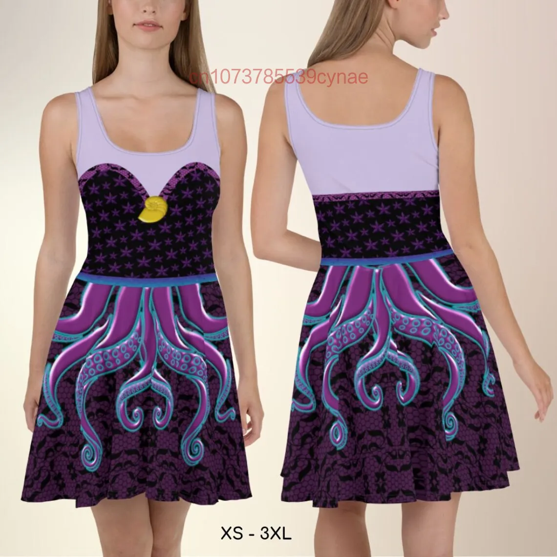 Disney The Little Mermaid Skater Dress Women Round Neck Sleeveless Cosplay Dress Summer Casual Street Women's Dress