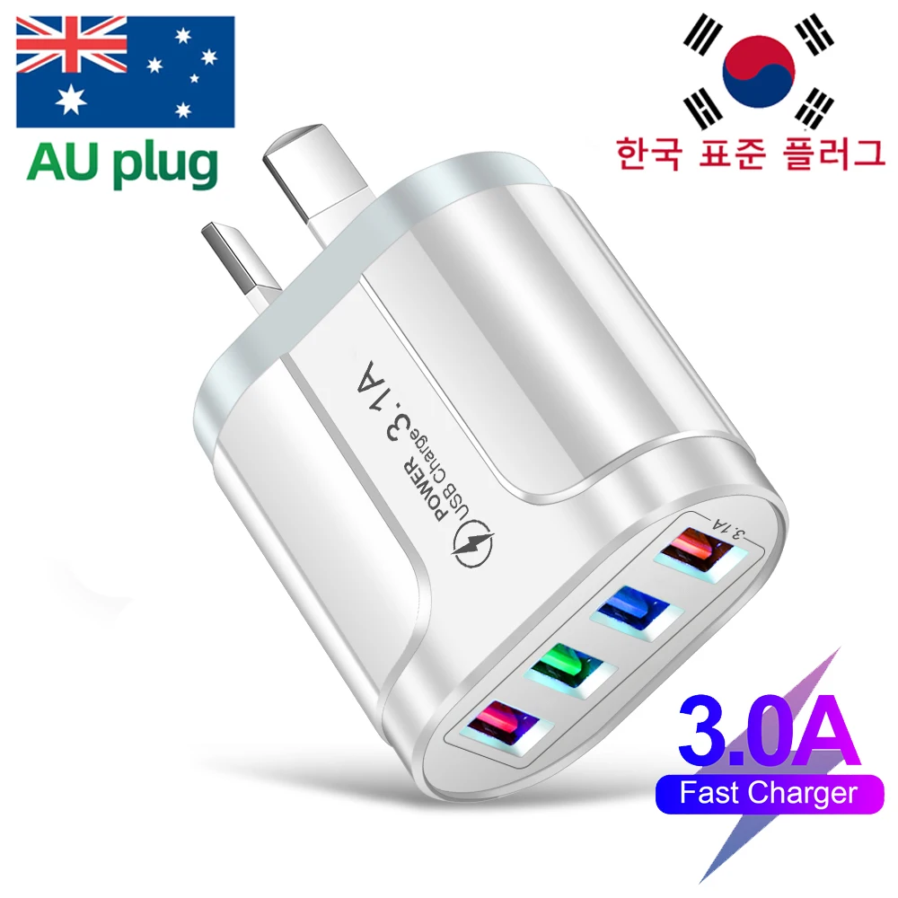 3.1A USB Korean Fast Charger Australian Quick Charge Phone Charger KR/AU Plug Adapter 4 Ports NewZealand USB Wall Charger