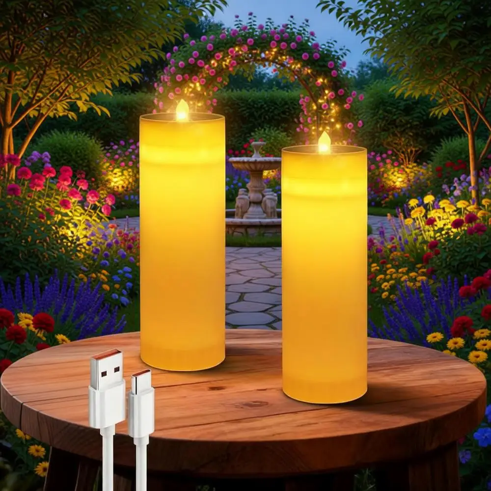 

LED 12 Inch Waterproof Pillar Candle with Remote Control Dual Charging (R&USB) for Outdoor Indoor Use - Christmas Weddings Table