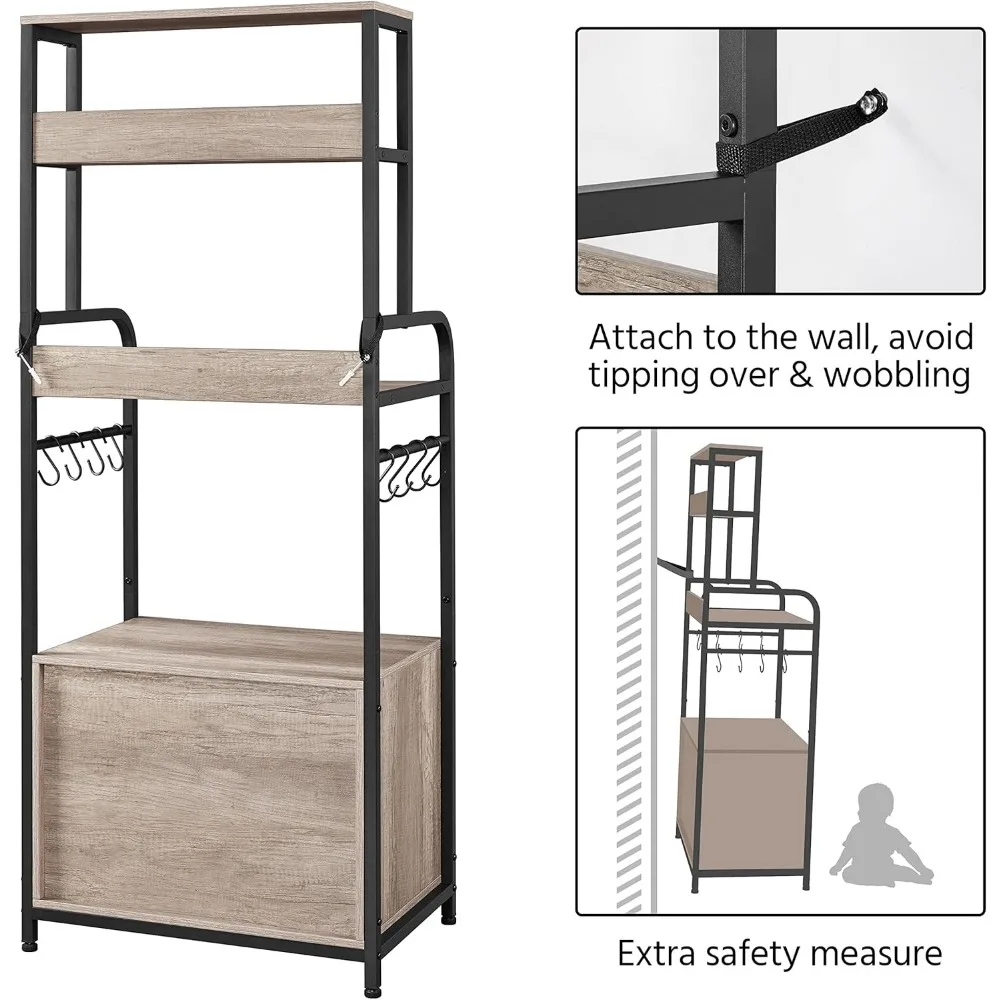 4 ชั้นครัว Bakers Rack พร้อมตู้เก็บของและฮัทช์, เตาอบไมโครเวฟ Coffee Bar Pantry ตู้ 8 S Hooks