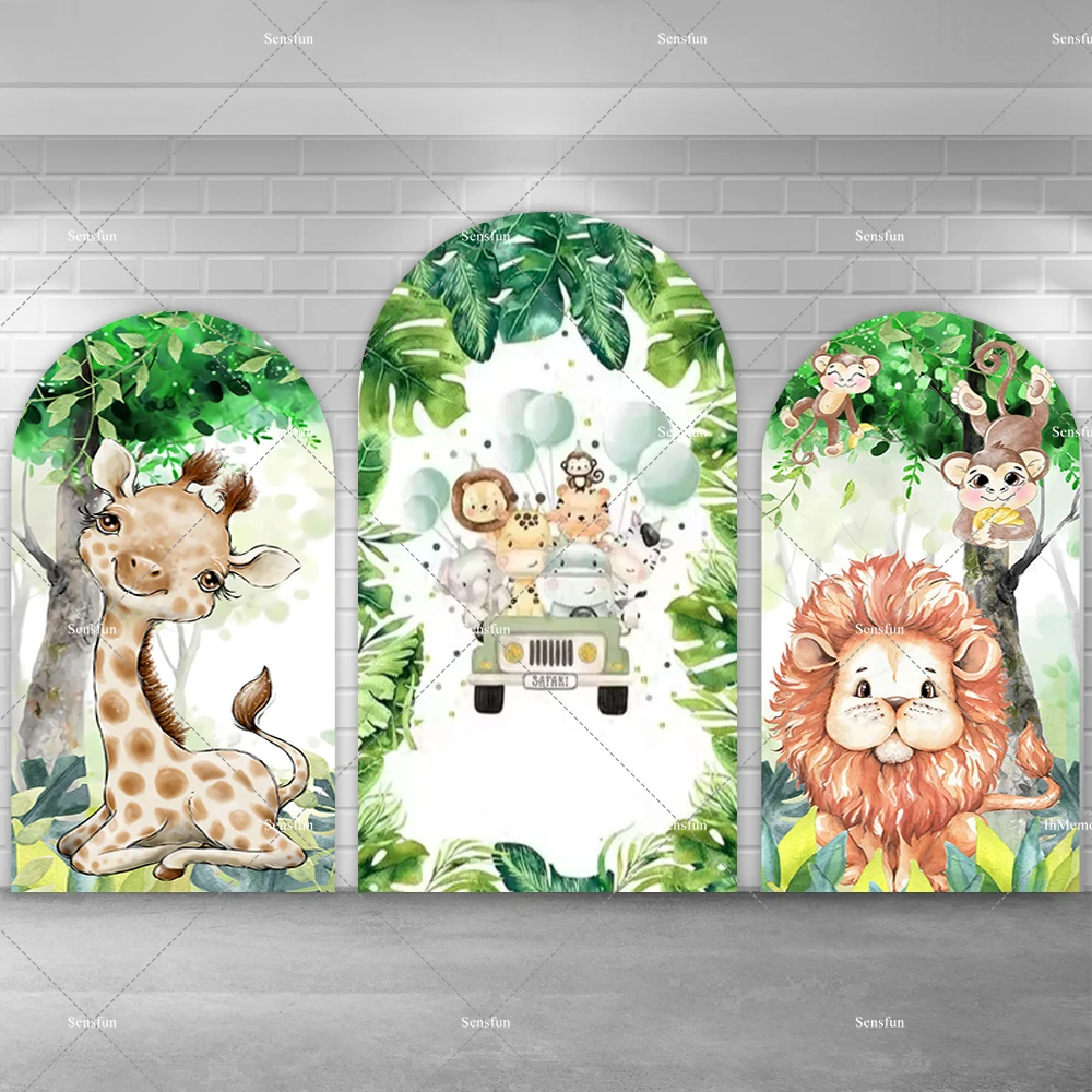 

Boy Safari Jungle Theme Arch Backdrop Cover Animals Cars Green Leaves Kids Wild One Birthday Party Arched Wall Backgrounds