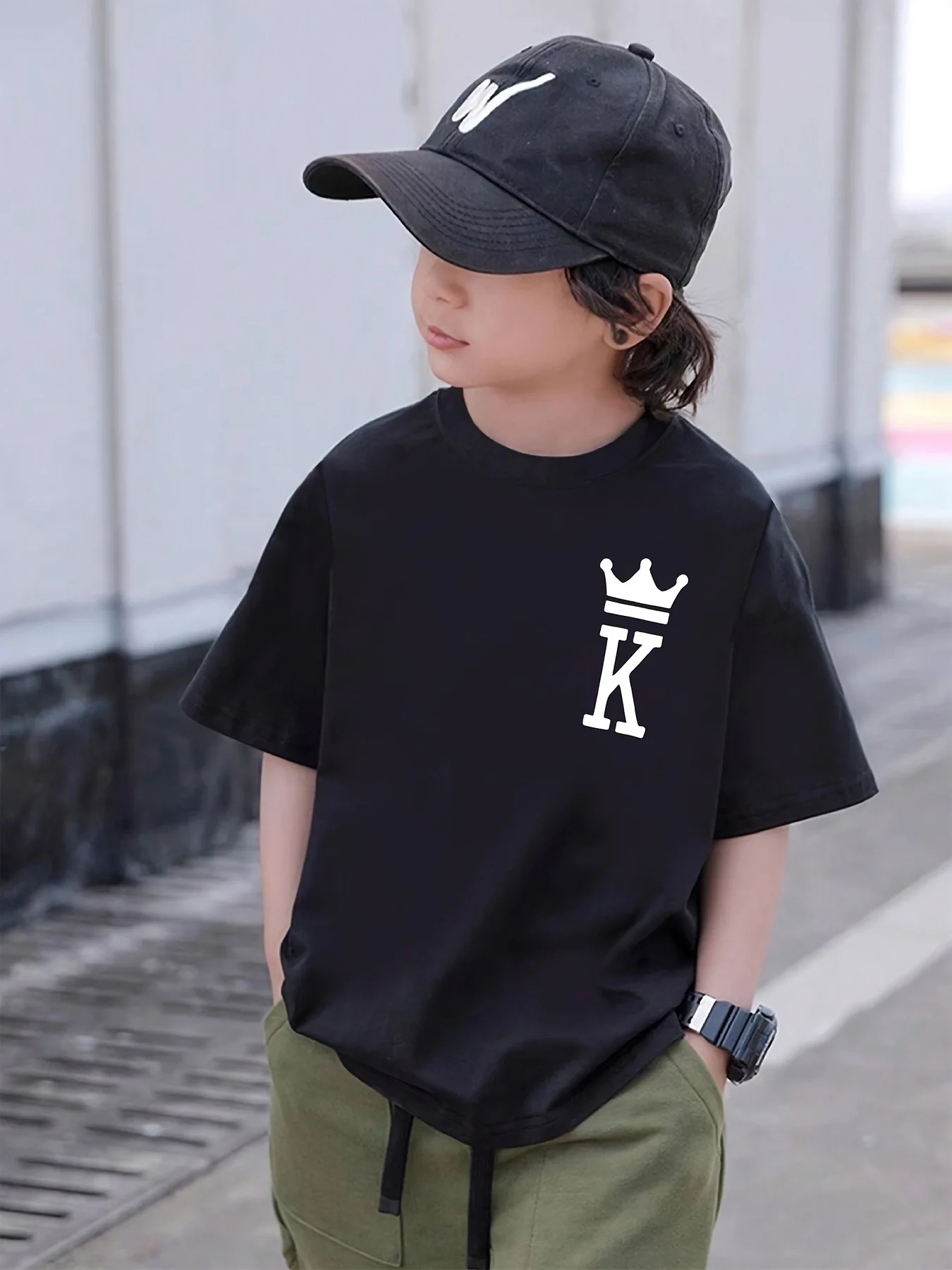 Minimal Crown K Letter Chest Print Boys Girls Family Matching Cotton Short Sleeve Crew Neck Soft Summer Kids Casual Basic Tees
