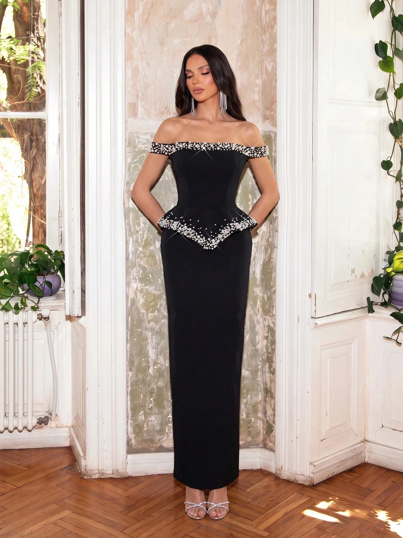 Fashionable Luxury Two Piece Skirt Set Women Pearl Beaded Peplum Evening Dress Elegant Prom Gown For Wedding Guests Party Club