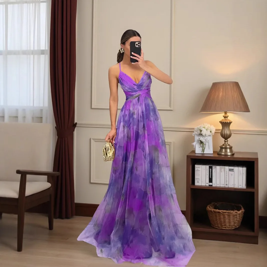 

2025 European and American new women's clothing mesh printing backless suspender dress light luxury temperament party evening