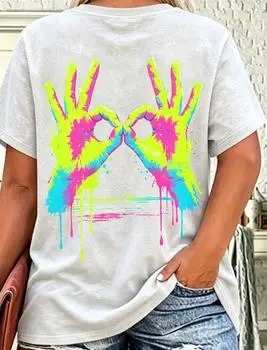 Women Neon Splash OK Hand Gesture Graphic T‑Shirt Colorful Paint Drip Casual Short Sleeve Tee Top