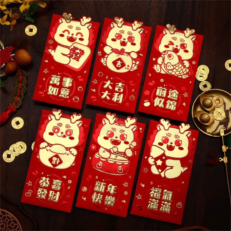 Y1UB 2024 Jahr chinesisches rotes Paket 6 Stück, einzigartige Designs für Geschenke, Hochzeit, Geburtstag, Party, Mitbringsel,
