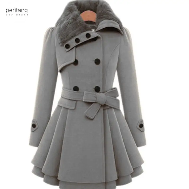 

Womens New Style Vintage Woolen Coat Double Buckle Slim Trench Coats Lady Fur Collar Peacoat Winter Coat Outwear