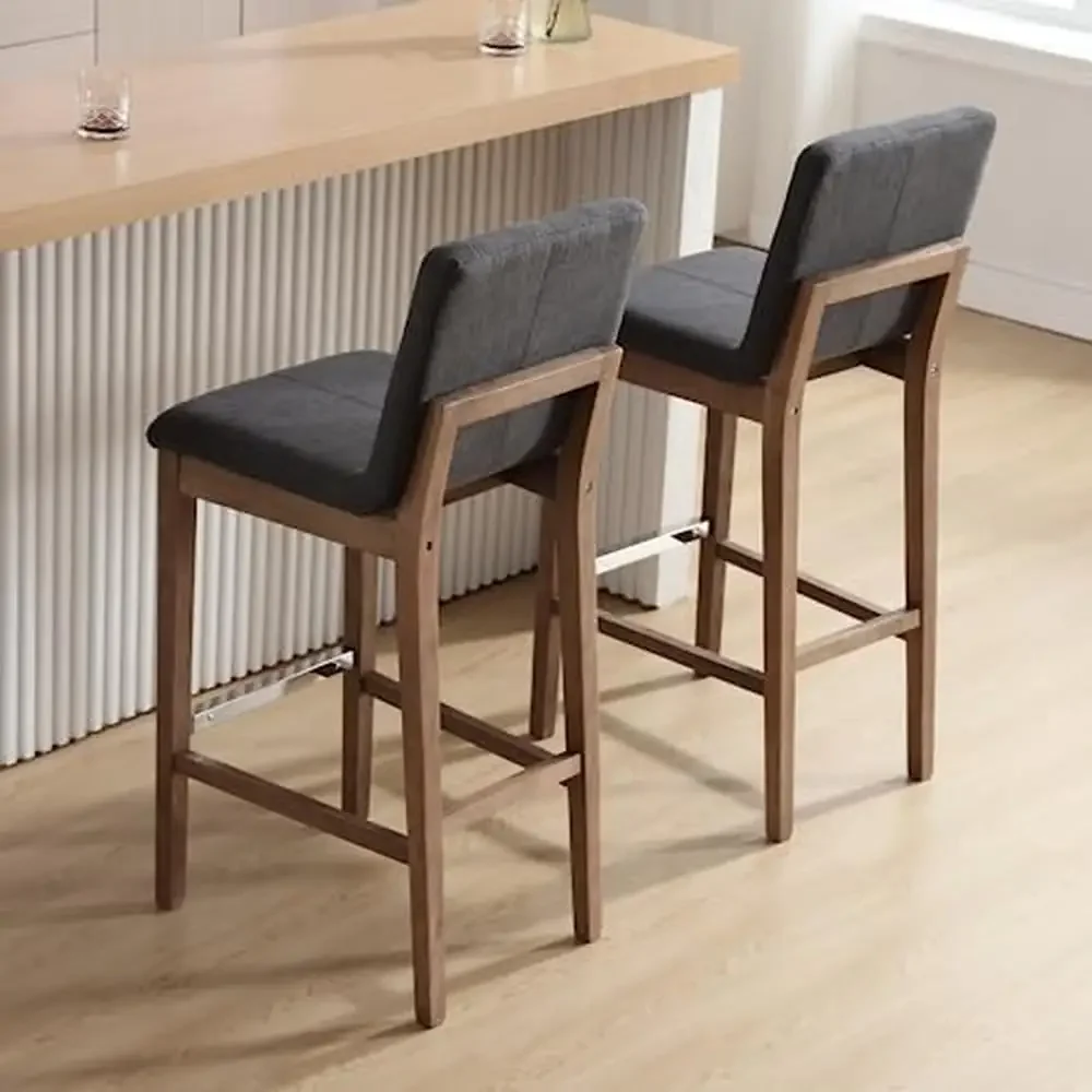 Wooden Frame Upholstered Bar Stools Set of 4 30 Inch Mid Century High Chairs with Backrest and Stainless Steel Kick Plate Ideal