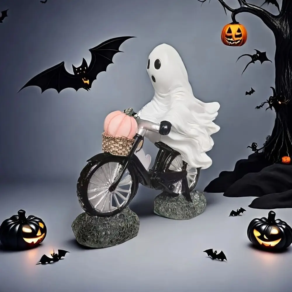 

Cute Resin Ghost Bike Rider Cartoon Handmade Ghost Figurines Ornament Funny Ghost Statue Halloween