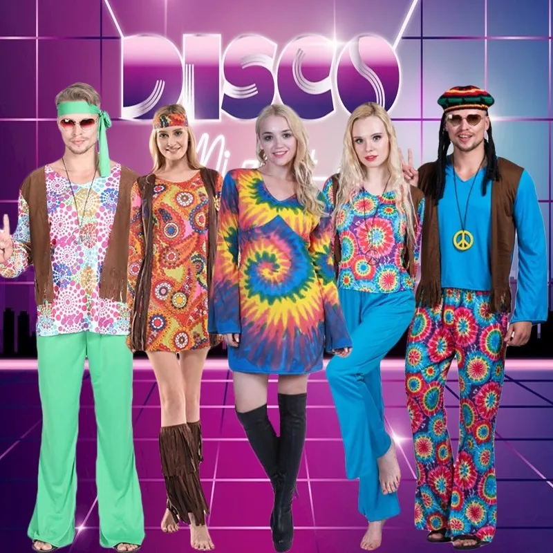 loween Hippie Disco Par Costume anni '70 Hip Hop Performance Outfit Materiale in poliestere Costume tradizionale di scena nazionale