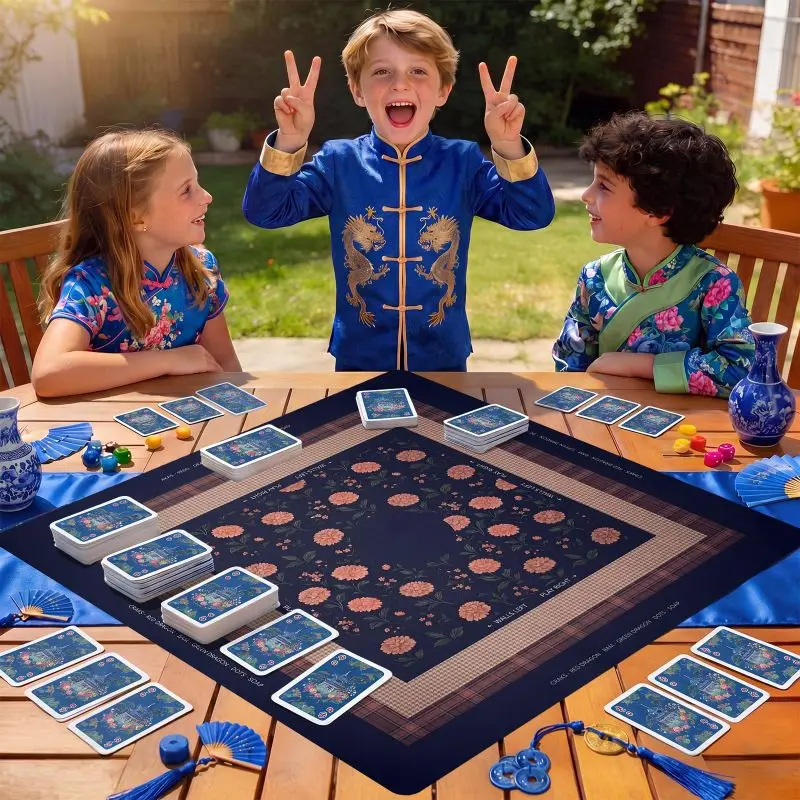 VIKAMA Dark Blue Peony Mahjong Mat Silent Non Slip Rubber Foldable Waterproof American Mah Jongg Home Party Decor Pad