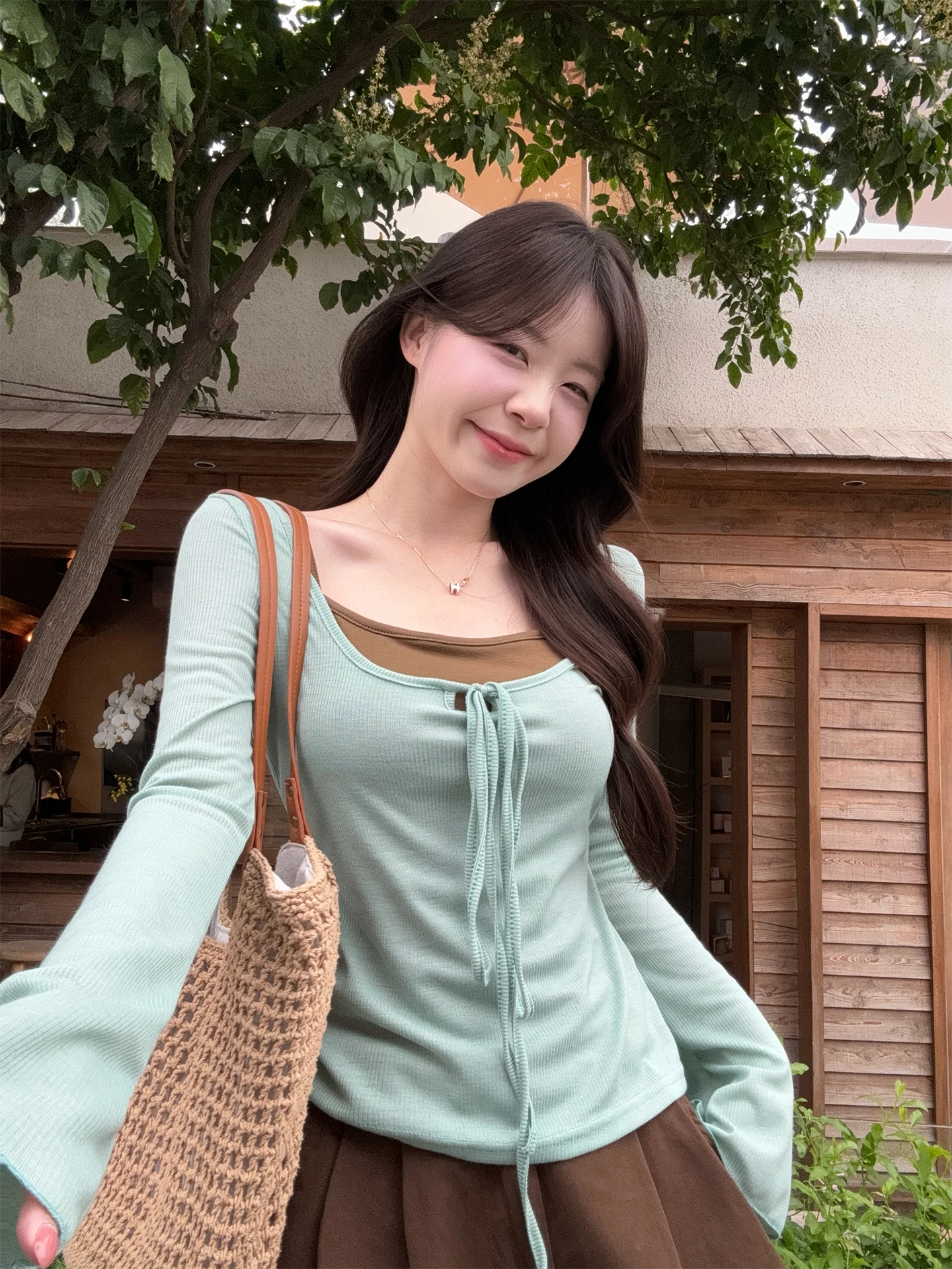 

Early Spring Sweet And Spicy Girl Two-Piece Set Belted Long Sleeve T-Shirt Top Women's Layering Tank Top Hot Trend Fashion Set