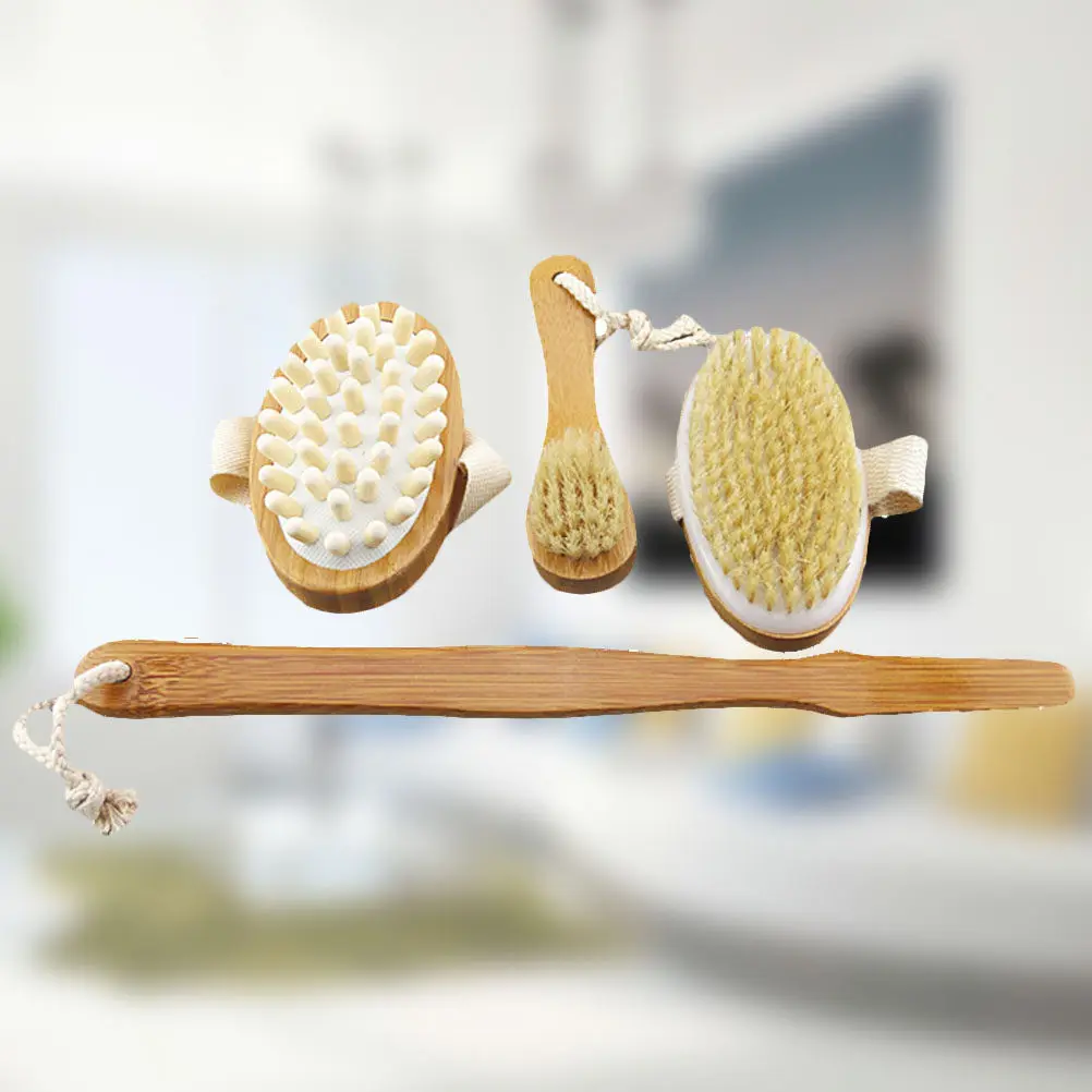 3Pcs Bath Brush Body Skin Natural Bristle Polished Wood Handle Remove Dead Skin Promote Blood Flow Anti Cellulite