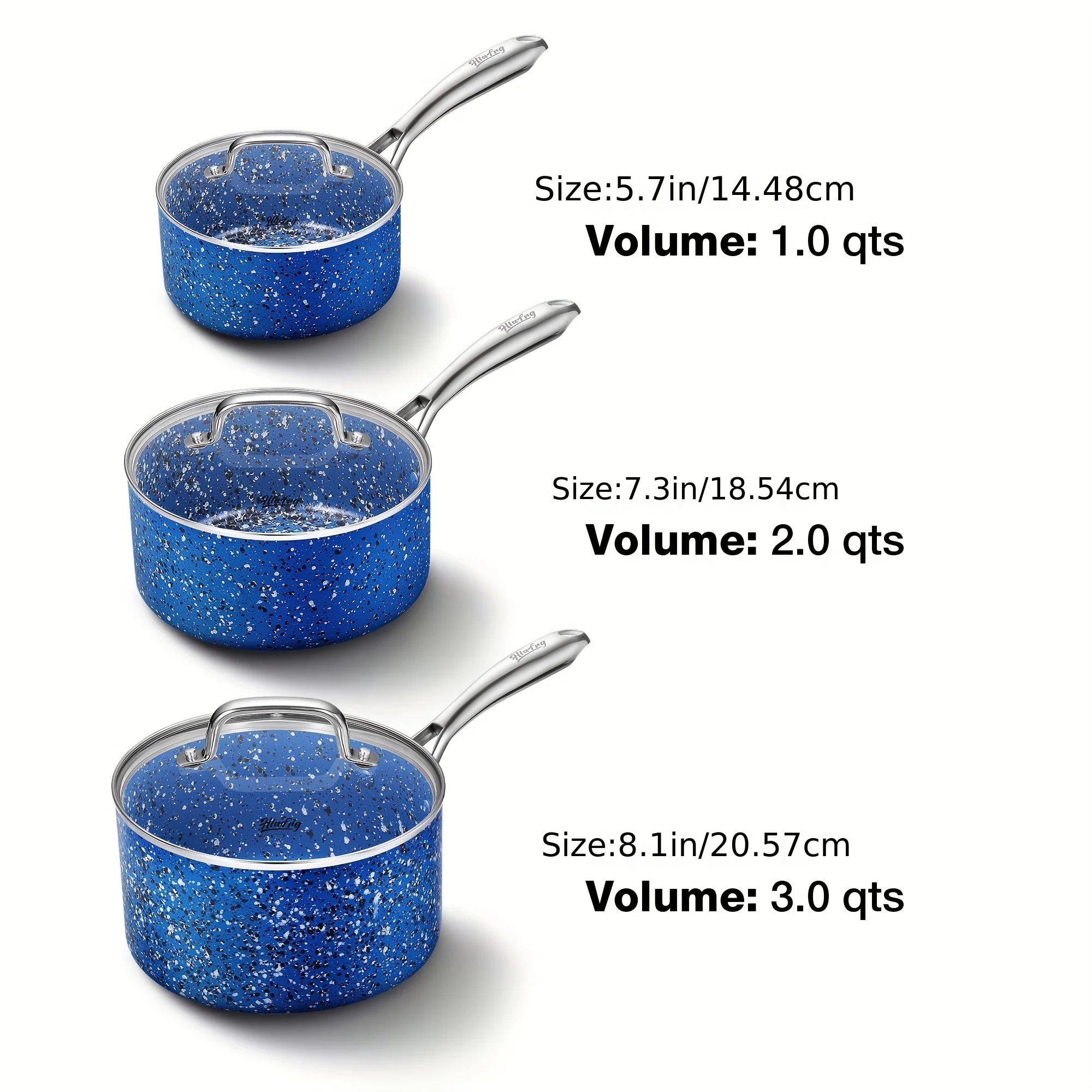 Nonstick Premium 3-Piece Saucepan Set with Glass Lids, Natural Durable Granite Coating,  Durable & Oven Safe, 1&2&3QT, Blue