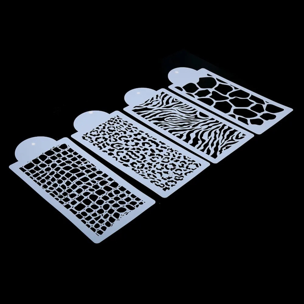 4PCS PVC Cake Stencils Zebra Leopard Pattern Flat Rectangular Fondant Stencils Openwork Cutouts Decorating Molds Home Baking